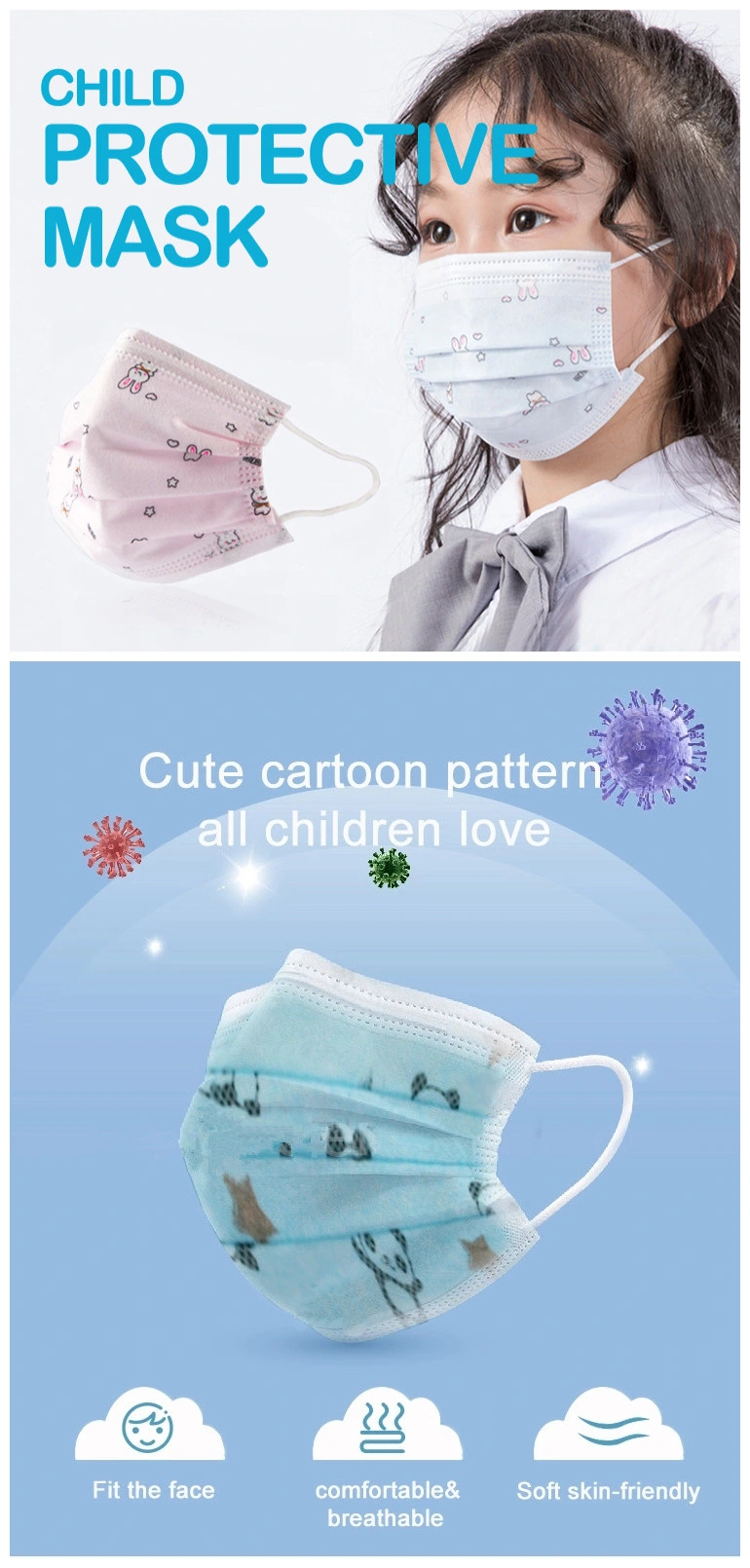 2020 Fashion Wholesale Custom Printed Kids Filter Anti Dust Disposable Face Mask